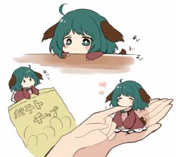 Rule 34 | 1girl, ahoge, animal ears, bad id, bad pixiv id, bag of chips, blush stickers, chibi, closed eyes, dog ears, dog tail, green eyes, green hair, hand on another&#039;s chin, heart, in palm, kasodani kyouko, long sleeves, mini person, minigirl, multiple views, partially translated, sitting, skirt, socks, stroking another&#039;s chin, tail, tail wagging, touhou, translation request, uguisu mochi (ykss35), white legwear, white skirt