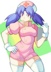 Rule 34 | 1girl, absurdres, bloody roar, blue hair, breasts, dress, gloves, hat, highres, nurse, red eyes, short sleeves, tight clothes, tight dress, tsukagami alice, twintails, zipskyblue