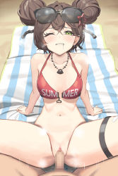 Rule 34 | 1boy, 1girl, bikini, bikini top only, blush, breasts, brown hair, censored, clenched teeth, commission, crossed bangs, double bun, eyewear on head, girls&#039; frontline, green eyes, hair between eyes, hair bun, hair ornament, hetero, highres, jewelry, medium breasts, mosaic censoring, motion lines, necklace, one eye closed, penis, pov, qsb-91 (floating mint tea) (girls&#039; frontline), qsb-91 (girls&#039; frontline), red bikini, saliva, sex, short hair, sitting, star (symbol), star hair ornament, sunglasses, swimsuit, teeth, twin (tt lsh), vaginal, wince