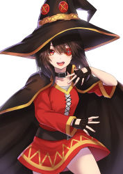 Rule 34 | 1girl, belt, black gloves, breasts, brown hair, cape, collarbone, commentary request, dress, eyepatch, fingerless gloves, gloves, hair between eyes, hat, kono subarashii sekai ni shukufuku wo!, looking at viewer, megumin, open mouth, re (re 09), red dress, red eyes, short hair, single thighhigh, small breasts, smile, solo, thighhighs, witch hat