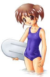 Rule 34 | 1girl, brown eyes, brown hair, covered erect nipples, ebifly, flat chest, nipples, one-piece swimsuit, purple one-piece swimsuit, purple school swimsuit, school swimsuit, side ponytail, smile, solo, swimsuit