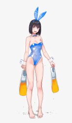 Rule 34 | 1girl, animal ears, black hair, blue bow, blue bowtie, blue eyes, blue leotard, blue one-piece swimsuit, bow, bowtie, casual one-piece swimsuit, detached collar, fake animal ears, flippers, full body, glasses, highres, holding, leotard, looking at viewer, one-piece swimsuit, open mouth, original, playboy bunny, playboy bunny swimsuit, rabbit ears, short hair, simple background, smile, solo, standing, strapless, strapless leotard, strapless one-piece swimsuit, swimsuit, teeth, upper teeth only, wet, wet clothes, wet swimsuit, white background, wrist cuffs, yuuji (and)