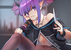 Rule 34 | 1girl, arknights, artist name, black pantyhose, black shirt, closed mouth, collarbone, fang, fang out, holding, holding knife, horns, jewelry, knife, lava (arknights), looking at viewer, midriff, mitake eil, multiple rings, navel, necklace, off-shoulder shirt, off shoulder, pantyhose, pointy ears, purple eyes, purple hair, ring, shirt, short hair, short twintails, solo, stomach, twintails