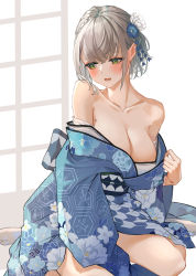 Rule 34 | 1girl, absurdres, bad id, bad pixiv id, bare shoulders, blue kimono, blush, braid, breasts, cleavage, clothes down, collarbone, floral print, flower, green eyes, grey hair, hair flower, hair ornament, highres, hololive, japanese clothes, kimono, large breasts, looking to the side, mole, mole on breast, obi, open mouth, roco (rocoroco1115), sash, shirogane noel, shirogane noel (new year), short hair, sitting, solo, teeth, virtual youtuber, yukata