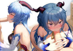 Rule 34 | 1boy, 1girl, absurdres, ahoge, angle, bare back, bare shoulders, blue hair, blush, breasts, censored, closed eyes, fellatio, from side, ganyu (genshin impact), genshin impact, greem bang, highres, horns, just the tip, large breasts, mosaic censoring, multiple views, oral, penis, penis grab, purple eyes, tagme, testicles, thighhighs, white background