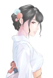 Rule 34 | 1girl, azurcentauri, bad id, bad pixiv id, black hair, brown eyes, commentary request, derivative work, earrings, highres, japanese clothes, jewelry, kimono, lips, obi, original, parted lips, sash, simple background, solo, white background, white kimono