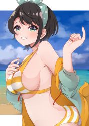 Rule 34 | 1girl, absurdres, arched back, armpit crease, beach, bikini, black hair, blue sky, breasts, cloud, cloudy sky, commentary request, green jacket, hairband, hands up, highres, hololive, jacket, large breasts, leaning forward, long sleeves, looking at viewer, medium hair, nail polish, official alternate costume, oozora subaru, oozora subaru (hololive summer 2019), orange nails, shadow, sideboob, sidelocks, skindentation, sky, solo, striped bikini, striped clothes, suzushika (13 96), swept bangs, swimsuit, swimsuit under clothes, upper body, virtual youtuber, white bikini, yellow bikini, yellow jacket