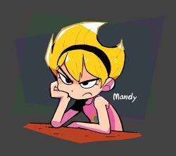 Rule 34 | 1girl, bare shoulders, black eyes, black hairband, blonde hair, closed mouth, commentary, english commentary, hairband, halftone, head rest, highres, jaggy lines, mandy (grim adventures), rariatto (ganguri), solo, the grim adventures of billy &amp; mandy, upper body, v-shaped eyebrows