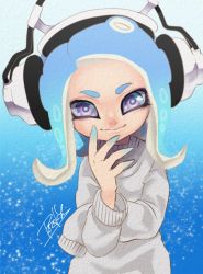 Rule 34 | 1girl, blue hair, blue skin, closed mouth, colored skin, gradient background, gradient skin, grey sweater, hand up, headphones, isamu-ki (yuuki), light blue hair, long hair, long sleeves, looking at viewer, multicolored skin, nintendo, octoling, octoling girl, octoling player character, purple eyes, smile, solo, splatoon (series), suction cups, sweater, tentacle hair, two-tone skin