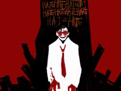Rule 34 | 1other, a.m, black hair, blood, blood on hands, evil grin, evil smile, glasses, grin, i have no mouth and i must scream, kwh6762, lab coat, messy hair, necktie, personification, red eyes, red necktie, robot, smile