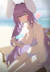 Rule 34 | 1girl, absurdres, animal ears, beach, bikini, blush, breasts, cleavage, closed mouth, food, hair intakes, heart, highres, holding, holding food, large breasts, long hair, looking at viewer, navel, ocean, outdoors, popsicle, purple hair, rabbit ears, rabbit girl, red eyes, reisen udongein inaba, semotaretare, sitting, solo, swimsuit, touhou, very long hair, white bikini