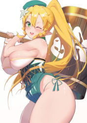 Rule 34 | 1girl, ;d, absurdres, ass, bare shoulders, beret, blonde hair, blush, braid, breasts, chou shippai-saku, elf, green eyes, hair between eyes, hammer, hat, highres, holding, holding hammer, large breasts, leafa, leotard, long hair, looking at viewer, one eye closed, open mouth, pointy ears, ponytail, sideboob, simple background, sleeveless, smile, solo, sweat, sword art online, teeth, thick thighs, thighs, white background