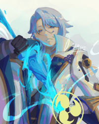 Rule 34 | 1boy, absurdres, blue eyes, blue hair, bright pupils, d sirus, expressionless, genshin impact, gloves, gradient background, highres, holding, holding sword, holding weapon, japanese clothes, kamisato ayato, looking at viewer, looking down, male focus, mole, mole under mouth, short hair, solo, summoning, sword, upper body, weapon, white background