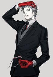 Rule 34 | 1boy, arm up, black jacket, black necktie, blood, blood from mouth, blood on face, buttoned cuffs, buttons, collar, collared jacket, collared shirt, fantasy, formal, glasses, gloves, grey background, grey hair, grey vest, hand on own head, holding, holding removed eyewear, jacket, komiya kuniharu, long sleeves, looking at viewer, male focus, necktie, original, pocket, red gloves, shirt, short hair, simple background, smile, solo, standing, suit, sunglasses, unworn eyewear, upper body, vampire, vest, white shirt, yellow eyes
