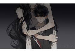 Rule 34 | 1boy, 1girl, aged down, bandaid, bandaid on face, black eyes, black hair, blood, bloody knife, character request, commentary, dark background, empty eyes, english text, gradient background, grey background, head out of frame, highres, hug, hug from behind, kim dokja, kkkktzr1, knife, long hair, omniscient reader&#039;s viewpoint, sad, shirt, short hair, symbol-only commentary, vest