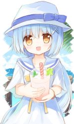 Rule 34 | 1girl, :d, blue bow, blue hair, blue sky, blush, bow, brown eyes, cloud, cloudy sky, collarbone, commentary request, cup, day, dress, drink, drinking glass, drinking straw, hair between eyes, hair ornament, hat, hat bow, holding, holding cup, horizon, ocean, open mouth, original, sailor collar, short sleeves, sky, smile, solo, white dress, white hat, white sailor collar, wide sleeves, x hair ornament, yuuhagi (amaretto-no-natsu)
