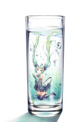 Rule 34 | 1girl, air bubble, aqua eyes, aqua hair, black thighhighs, bubble, cup, detached sleeves, drinking glass, floating hair, hair ornament, hatsune miku, highres, in container, long hair, long sleeves, looking at viewer, necktie, shirt, skirt, skirt set, smile, tattoo, thighhighs, tidsean, underwater, v arms, very long hair, vocaloid, wet, wet clothes, wide sleeves, zettai ryouiki