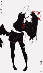 Rule 34 | 1girl, absurdres, arm up, black choker, black footwear, black hair, black pantyhose, black sailor collar, black serafuku, black shirt, black skirt, black wings, blue archive, choker, closed mouth, cropped shirt, full body, greyscale, hair ornament, hairclip, halo, highres, ichika (blue archive), leaning to the side, long hair, low wings, midriff, miniskirt, mole, mole under eye, monochrome, mortis, neckerchief, pantyhose, pink eyes, pleated skirt, red halo, red neckerchief, sailor collar, school uniform, serafuku, shirt, short sleeves, simple background, skirt, smile, solo, squinting, standing, white background, wings