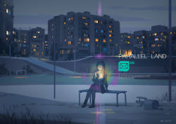 Rule 34 | 1girl, building, cellphone, city, city lights, english text, glasses, glowing, hjl, knees together feet apart, lamppost, lens flare, long sleeves, night, original, outdoors, phone, shirt, side ponytail, sketch, skirt, snow, socks, solo, text focus, using phone