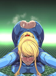 Rule 34 | 1girl, aftersex, angry, ass, bent over, blonde hair, blush, bodysuit, breast press, breasts, clenched teeth, cum, cum on body, cum on lower body, greco roman (spiral brain), green eyes, highres, large breasts, long hair, looking away, metroid, nintendo, no panties, ponytail, saliva, samus aran, simple background, solo, sweat, tears, teeth, torn clothes, zero suit