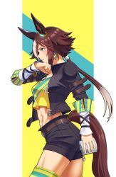 Rule 34 | 1girl, abs, absurdres, animal ears, belt, black jacket, black shorts, boots, breasts, brown belt, brown eyes, brown hair, canteen, commentary, cowboy shot, crop top, ear ornament, from side, hair between eyes, hair over one eye, highres, holding canteen, horse ears, horse girl, horse tail, jacket, long hair, long sleeves, low ponytail, midriff, multicolored hair, navel, open clothes, open jacket, parted lips, senchan 7, shirt, short shorts, shorts, sidelocks, small breasts, solo, standing, stopwatch, stopwatch around neck, tail, thigh boots, two-tone hair, umamusume, vodka (umamusume), watch, white hair, yellow shirt