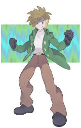Rule 34 | 1boy, absurdres, belt, belt buckle, blonde hair, brown pants, buckle, buttons, clenched hands, coat, creatures (company), frontier brain, full body, game freak, gloves, green coat, grey footwear, grey gloves, grin, hands up, highres, legs apart, long sleeves, male focus, mimura (nnnnnnnnmoo), nintendo, open clothes, open coat, palmer (pokemon), pants, pokemon, pokemon dppt, shirt, shoes, short hair, smile, solo, standing, teeth, white shirt