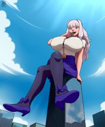 Rule 34 | 1girl, arm support, belt, belt buckle, black pantyhose, blue eyes, breasts, buckle, building, double bun, drill hair, fujido oriko, giant, giant ojou-sama, giantess, hair bun, hair intakes, highres, large breasts, long hair, open mouth, pantyhose, parted bangs, pleated skirt, ribbon, school uniform, shirt, short sleeves, skirt, straining buttons, surprised, water tower, white hair, white shirt, ydbunny