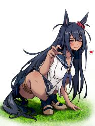 Rule 34 | 1girl, amane sou, animal ears, black hair, blue neckerchief, breasts, claw pose, clothing cutout, commentary request, dark-skinned female, dark skin, ear scrunchie, fold-over boots, hair between eyes, hair ornament, hairclip, hand on ground, heart, highres, hishi amazon (umamusume), horse ears, horse girl, horse tail, long hair, medium breasts, neckerchief, red eyes, red scrunchie, sailor collar, scrunchie, shirt, short sleeves, shoulder cutout, simple background, solo, spoken heart, squatting, tail, thigh strap, umamusume, very long hair, white background, white shirt