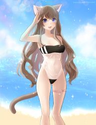 Rule 34 | 1girl, animal ears, breasts, brown hair, cat ears, cat girl, cat tail, cloud, commentary, covered navel, english commentary, gris swimsuit, highres, lens flare, long hair, looking ahead, medium breasts, meme attire, open mouth, paid reward available, purple hair, sakurai hana, sakurai hana (artist), salute, sky, smile, solo, sparkle, tail, thigh strap, vdonburi, virtual youtuber, watermark, web address