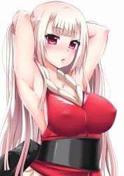 Rule 34 | 1girl, :o, adjusting hair, armpits, arms behind head, arms up, beatmania, beatmania iidx, blush, breasts, covered erect nipples, houou rinka, ini (mocomocccos), large breasts, long hair, open mouth, parted lips, pink eyes, pink hair, simple background, solo, upper body, white background