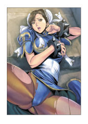 Rule 34 | 1girl, black hair, bracelet, brown eyes, bun cover, cameltoe, capcom, censored, china dress, chinese clothes, chun-li, dress, highres, homare (fool&#039;s art), jewelry, looking at viewer, lying, mosaic censoring, on back, open mouth, pantyhose, pelvic curtain, sash, short hair, solo, spiked bracelet, spikes, spread legs, street fighter, torn clothes, torn pantyhose