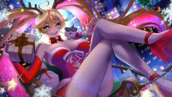Rule 34 | 1girl, animal, animal on shoulder, antlers, arielle (vtuber), blonde hair, blue eyes, blurry, blurry background, bow, bowtie, box, candy cane earrings, christmas lights, cityscape, colored inner hair, commission, detached sleeves, dress, fingernails, fishnet thighhighs, fishnets, fur-trimmed dress, fur-trimmed sleeves, fur trim, gift, gift box, hair between eyes, high heels, holding, holding box, indie virtual youtuber, multicolored hair, pink hair, red bow, red bowtie, red dress, red footwear, red hair, red nails, red sleeves, reindeer antlers, santa dress, sharp fingernails, sleeveless, sleeveless dress, smile, snowflakes, strapless, strapless dress, streaked hair, thighhighs, twintails, yuarima2