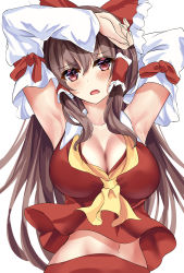Rule 34 | 1girl, absurdres, armpits, blush, bow, breasts, brown hair, cleavage, detached sleeves, hair bow, hair tubes, hakurei reimu, highres, kaeranu kaeru, large breasts, long hair, looking at viewer, midriff, navel, nontraditional miko, open mouth, red bow, red eyes, red shirt, red skirt, shirt, sidelocks, simple background, skirt, sleeveless, sleeveless shirt, solo, touhou, upper body, white background, white sleeves