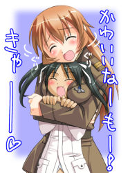 Rule 34 | 00s, 2girls, between breasts, black hair, blush, breasts, charlotte e. yeager, closed eyes, fang, francesca lucchini, head between breasts, height difference, hug, long hair, multiple girls, red hair, smile, strike witches, translated, twintails, umekichi, uniform, world witches series, yuri