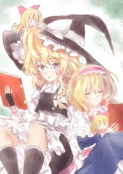 Rule 34 | 2girls, acoco, alice margatroid, apron, blonde hair, bloomers, blush, book, braid, capelet, closed eyes, couple, fingerless gloves, gloves, gradient background, hairband, hat, highres, holding, holding book, kirisame marisa, long hair, multiple girls, open mouth, shanghai doll, short hair, side braid, sitting, touhou, underwear, waist apron, witch hat, yellow eyes, yuri