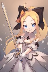 Rule 34 | abigail williams (fate), ahoge, artoria pendragon (all), artoria pendragon (fate), black bow, blonde hair, blue eyes, bow, breasts, cosplay, dress, fate/grand order, fate/unlimited codes, fate (series), forehead, gloves, highres, long hair, miya (miyaruta), multiple bows, orange bow, parted bangs, ponytail, saber lily, saber lily (cosplay), sidelocks, small breasts, smile, solo, sword, weapon, white dress