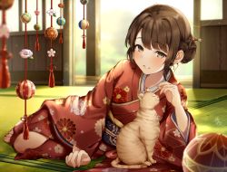 Rule 34 | 1girl, arm support, barefoot, blurry, braid, brown eyes, brown hair, cat, depth of field, fingernails, floral print, hair ornament, hairpin, highres, japanese clothes, kazari hisa, kimono, lying, on side, open mouth, original, red kimono, smile, toes