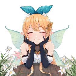 Rule 34 | 1girl, bare shoulders, black gloves, blonde hair, blue bow, blush, bow, bow hairband, closed eyes, closed mouth, commentary, detached sleeves, elbow gloves, english commentary, facing viewer, fairy, fairy wings, flower, gloves, hair bow, hair flower, hair ornament, hairband, hairclip, highres, long hair, nao (iem low), nijisanji, nijisanji en, pointy ears, pomu rainpuff, pomu rainpuff (1st costume), pov across table, puffy detached sleeves, puffy short sleeves, puffy sleeves, short sleeves, simple background, smile, solo, table, upper body, virtual youtuber, white background, white flower, wings