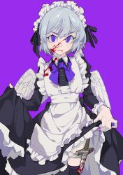 Rule 34 | 1girl, absurdres, ahoge, apron, black thighhighs, blood, blood on clothes, blood on face, bloody weapon, bow, broken, broken sword, broken weapon, clothes lift, concealed weapon, cowboy shot, curtsey, dress, dress lift, fang, feathered wings, highres, holster, maid, maid headdress, mini wings, pointy ears, purple background, purple eyes, rye-beer, skirt hold, slit pupils, solo, sword, thigh holster, thighhighs, weapon, wings