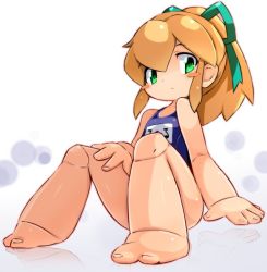 Rule 34 | 1girl, barefoot, blonde hair, blush stickers, closed mouth, green eyes, green ribbon, hair ribbon, joints, karukan (monjya), long hair, looking at viewer, mega man (classic), mega man (series), one-piece swimsuit, ponytail, ribbon, robot joints, roll (mega man), simple background, solo, swimsuit, white background