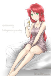 Rule 34 | 1girl, aosiro-michi, artist name, bed, breasts, cleavage, coffee mug, commentary request, dated, english text, green eyes, hair down, highres, mug, nightgown, pyrrha nikos, red hair, rwby, smile, solo