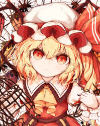 Rule 34 | 1girl, ascot, blonde hair, broken, cage, crystal wings, flandre scarlet, hat, hat ribbon, highres, looking at viewer, mob cap, red eyes, red ribbon, red vest, ribbon, ro.ro, shirt, short sleeves, solo, touhou, vest, white hat, white shirt, wrist cuffs, yellow ascot