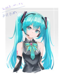 Rule 34 | 1girl, black shirt, black sleeves, blue bow, blue eyes, blue hair, blue necktie, bow, closed mouth, collared shirt, commentary, dated, detached sleeves, grey background, hatsune miku, headset, highres, long hair, necktie, nejikyuu, shirt, sleeveless, sleeveless shirt, smile, solo, tattoo, translated, twintails, upper body, vocaloid, white background