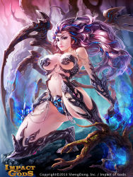 Rule 34 | 1girl, armor, aura, bikini armor, breasts, claws, cleavage, energy, glowing, highres, impact of gods, jewelry, large breasts, long hair, pink eyes, pink hair, revealing clothes, solo, zhang wei yi