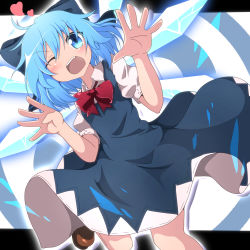 Rule 34 | &gt;;d, 1girl, ;d, ahoge, blue eyes, blue hair, blush, bow, cirno, do (4-rt), eyebrows, hair bow, heart, highres, ice, ice wings, leg up, matching hair/eyes, md5 mismatch, one eye closed, open hands, open mouth, puffy sleeves, raised eyebrows, resolution mismatch, smile, solo, source smaller, teeth, touhou, v-shaped eyebrows, wings