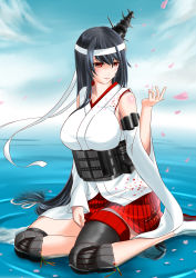 Rule 34 | 1girl, black hair, blue sky, breasts, cloud, commentary request, day, detached sleeves, fusou (kancolle), hair ornament, headgear, highres, japanese clothes, kantai collection, kiriki haruomi, knee pads, large breasts, long hair, outdoors, pleated skirt, red eyes, red skirt, sitting, skirt, sky, solo, wariza, water, wide sleeves