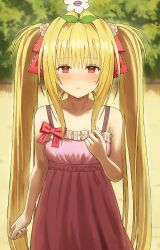 Rule 34 | 1girl, arm at side, blonde hair, blush, bow, clenched hands, closed mouth, commentary request, dress, fagi (kakikaki), flower, flower on head, highres, konjiki no yami, long hair, looking at viewer, outdoors, pink dress, red bow, red eyes, sidelocks, solo, standing, sweatdrop, to love-ru, twintails, very long hair