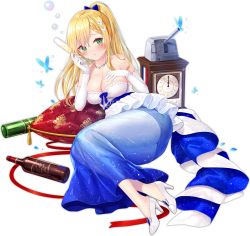 Rule 34 | 1girl, azur lane, bare shoulders, blonde hair, blue butterfly, blue dress, blue ribbon, blush, bottle, bow, braid, breasts, bug, butterfly, cleavage, clock, dress, elbow gloves, expressions, forbin (azur lane), forbin (feast of champagne) (azur lane), french flag, frills, gloves, gradient clothes, green eyes, hair between eyes, hair bow, hair ornament, hand on own chest, high heels, highres, insect, iris libre (emblem), large breasts, long dress, long hair, looking at viewer, official alternate costume, official art, pillow, ponytail, red ribbon, ribbon, skindentation, sleeveless, sleeveless dress, solo, strapless, strapless dress, transparent background, turret, two-tone dress, white dress, white footwear, white gloves, yano mitsuki (nanairo)