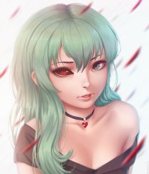 Rule 34 | 1girl, breasts, commentary, english commentary, eto (tokyo ghoul), green eyes, green hair, hair between eyes, heterochromia, highres, lips, long hair, looking at viewer, mismatched sclera, miura-n315, portrait, realistic, red eyes, single bare shoulder, solo, tokyo ghoul