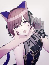 Rule 34 | 1girl, 1other, animal ears, arched back, bare shoulders, black nails, breasts, cat ears, cat hair ornament, cat tail, choker, claw pose, cleavage, corset, embroidery, eyelashes, fake tail, gloves, gold trim, hair ornament, hair ribbon, hand on another&#039;s chin, highres, higuchi madoka, idolmaster, idolmaster shiny colors, kakemi (eksu7855), lace, lace gloves, light brown hair, lipstick, makeup, medium breasts, mole, mole under eye, nail polish, open mouth, pink eyes, pink pupils, ribbon, ribbon choker, see-through, short hair, sleeveless, swept bangs, tail, tail ornament, tail ring, two-tone corset, white background